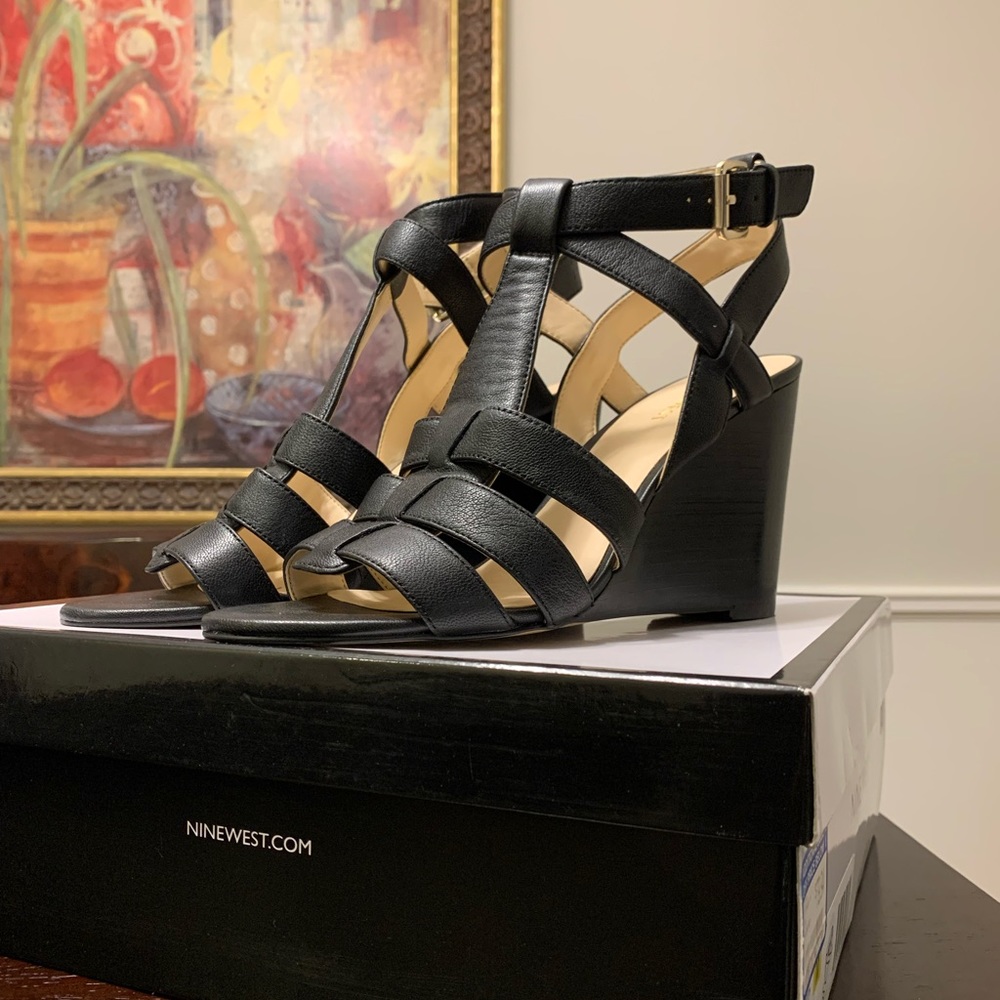 Nine West Black Wedge Sandals, Size 8 1/2 - $20